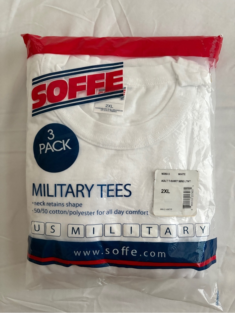 Soffe Comfort White Mens Military Tees 3-Pack Necks Retain Shape 50/50 Blend 2XL